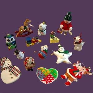 Lot Of 14 Vintage ‘90s Christmas Tree Ornaments Wood Fabric Ceramic Kitsch